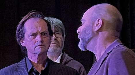 John Galagher with Dave Keen and James Hook (background) during rehearsals for 'The Government Inspector'. Picture supplied.